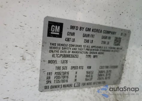 2021 Chevrolet Trax 1Lt z USA, uszkodzony, nr VIN KL7CJPSB8MB356253